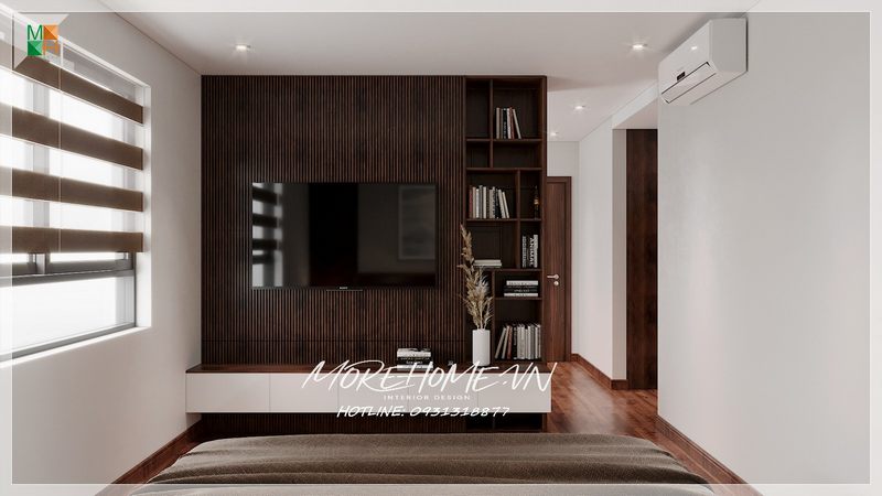 Kệ tivi hiện đại từ gỗ công nghiệp sơn trắng nổi bật trên nền gỗ ốp tường nâu trầm cực ấn tượng trong thiết kế nội thất phòng ngủ
