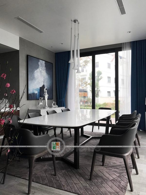 Bộ bàn ghế Grace bọc da gỗ tự nhiên cao cấp được thiết kế để trang trí biệt thự Vinhomes Riverside.